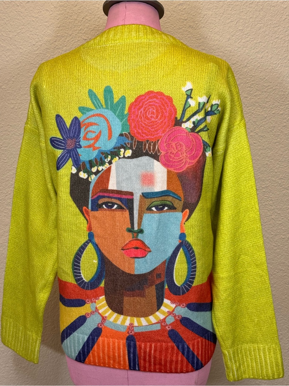 Colorful Art Knit Sweater XL Abstract Face Floral Wearable Art Statement - Picture 4 of 9